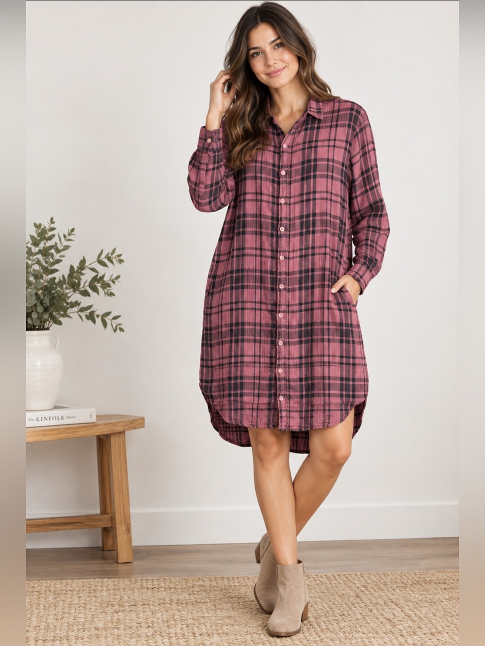 CP Shades Plaid Button-Up Shirt Dress in Mauve/Black Size-Small Soft Grunge